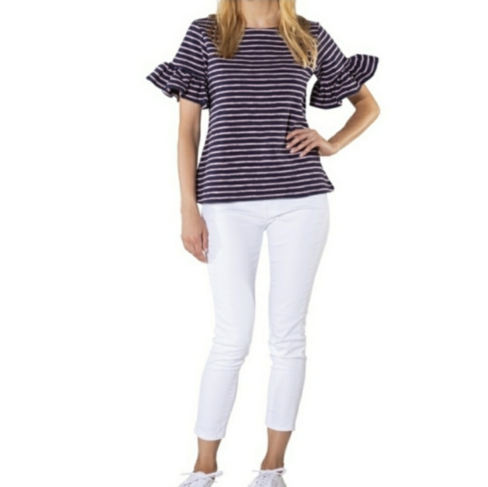 Sail to Sable Navy Blue Pink Stripe Ruffle Sleeve French Terry Blouse Medium